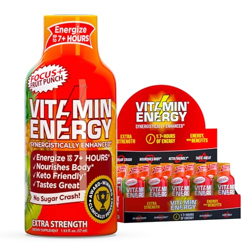 Vitamin Energy Focus+ Extra Strength Energy Shot Fruit Punch 10 Pack, 260mg Natural Caffeine, B-Vitamins, CoQ10, Amino Acids, Focus, Productivity &amp; Clarity, Zero Sugar, Gluten-Free, 1.93 fl oz