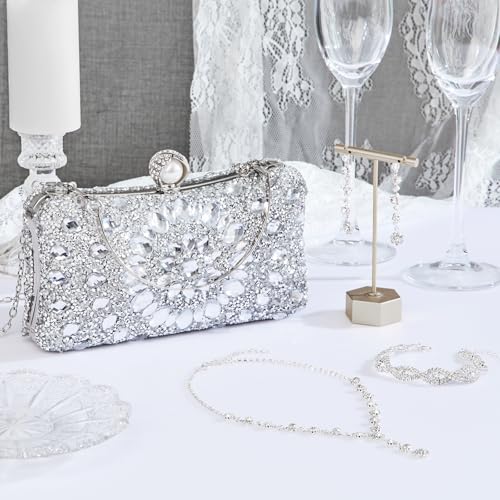 Image of Quelay 4 Pcs Purse Rhinestone Jewelry Set for Wedding Bridal Women Evening Clutch Bag Necklace Dangle Earrings Bracelets