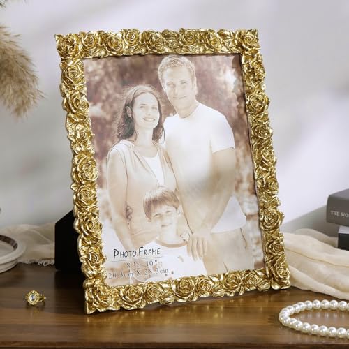 8x10 Picture Frame Vintage, Gold Ornate Rose Flower Resin Photo Frame with Glass Front for Tabletop, Antique Picture Frames for Home Decor