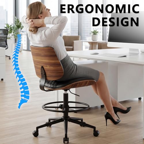 Image of Drafting Chair with Adjustable Footrest, Armless Modern Tall Office Chair for Standing Desk, PU Leather Swivel Stool in Curved Bentwood Style, Ergonomic Rolling Walnut Chair for Office(Black)