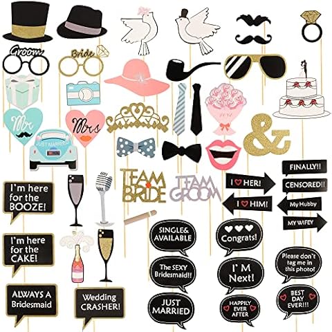 NiCoLa Wedding Photobooth Props, Engagement Photobooth Accessories with Wooden Stick for Bridal Shower Wedding Party Decorations Funny Selfie Props Kit (52 Counts) (Black) Cover