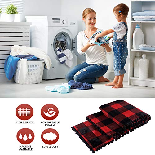 Piccocasa Plaid Flannel Throw Blanket With Pom Poms | Tartan Checkered Fleece Blanket Throw Size | Soft Plush Microfiber Blankets For Couch Sofa Travel | 50"X60", Fiery Red And Black #TOP6