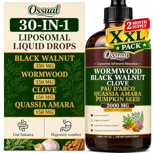 30-in-1 Liposomal Wormwood Black Walnut Clove Cleanse for Humans Tincture - Rapid Gut Cleanse & Digestive Support with PAU DArco Garlic Soursop Pumpkin Seed Oregano | High Absorption |4FlOz (120mL)