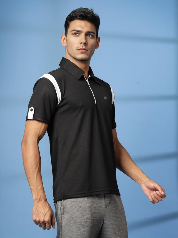 Image of CHKOKKO Gym Tshirt for Men Workout Activewear Man T-Shirts Polo Neck Zipper Regular Fit Half Sleeves for Sports Running Yoga Training Activities