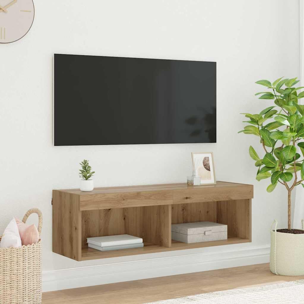 Szafka RTV wisząca LED z oświetleniem LED Dąb rzemieślniczy 100x30x30 cm nowoczesna półka pod telewizor do salonu z drzwiami i miejscem do przechowywania mebel na ścianę