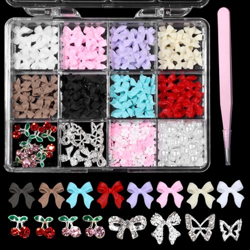Uotey 3D Bows Nail Charms, Pink Color White Red Black Bows Flowers Pearls Nail Charms, Mixed Color Nail Charms Butterfly Cherry Alloy Silver Nail Art Gems Charms for Nail Art Decor Accessories DIY