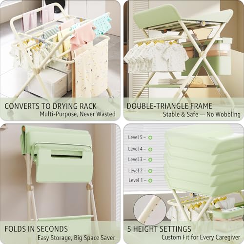 Image of Changing Table, Portable Baby Changing Table with Wheels, Upgraded Foldable Diaper Changing Station with 5-Level Adjustable Height & Large Nursery Organizer Storage for Newborn Infant (Green)