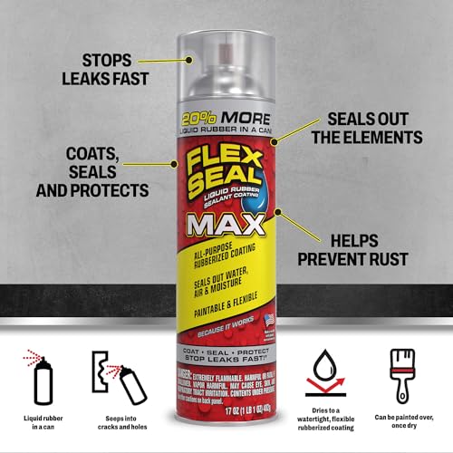 Image of Flex Seal MAX, 17 oz, 1-Pack, Clear, Stop Leaks Instantly, Waterproof Rubber Spray On Sealant Coating, Perfect for Gutters, Wood, RV, Campers, Roof Repair, Skylights, Windows, and More