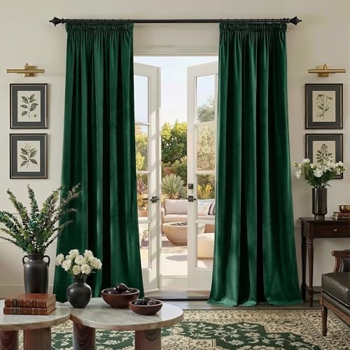 PONY DANCE Dark Green Velvet Blackout Curtains - Christmas Pencil Pleat Curtains Thermal Insulated Luxury Drapes with Rod Pocket for Bedroom Living Room, 52x90 Inches, 2 Panels