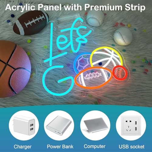 Image of Sports Neon Sign Let's Go Basketball LED Light 4 Balls Combination Sign Light Up Baseball Wall Decor for Gym Themed Party Lighted Football Gifts for Sports Lover