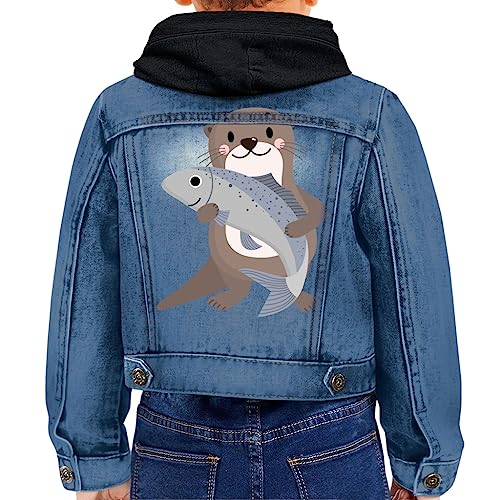 Otter With Fish Toddler Hooded Denim Jacket - Graphic Jean Jacket - Art Print Denim Jacket for Kids