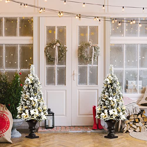 Goplus-4ft-Flocked-White-Christmas-Tree-for-Entrances-2-Pack-Pre-lit-Artificial-Xmas-Tree-wWarm-White-100-LED-Lights-Flowers-White-Berries-in-Black-Urn-Base-Porch-Festival-Holiday-Decoration Goplus 4ft Flocked White Christmas Tree for Entrances 2 Pack Pre lit Artificial Xmas Tree wWarm White 100 LED Lights Flowers White Berries in Black Urn Base Porch Festival Holiday Decoration