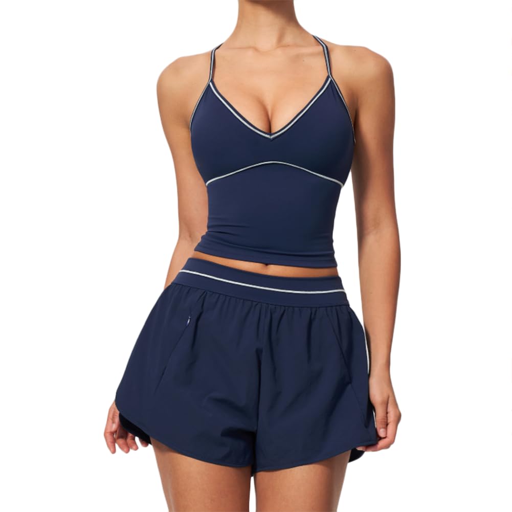 Conjunto deportivo 2 piezas camiseta halter escote V de secado rápido | Conjunto camiseta deportiva halter escote V y shorts deportivos 2 en 1 de talle alto, costuras en contraste, tela de secado r