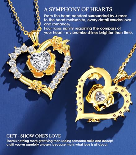 Beam & Bask Rose Flower Love Heart Necklace for Wife, 2-3 Carat Moissanite Women's Pendant, Sterling Silver Plated with 18K Gold, Anniversary Birthday Wedding Jewelry for Girlfriend Soulmate Her - Image 5