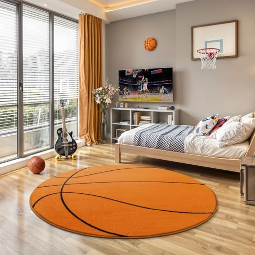 the carpet Beat Kids - Alfombra para niños, suave, suave, fácil de limpiar, no destiñe, diseño de baloncesto, naranja, 120 cm, redonda