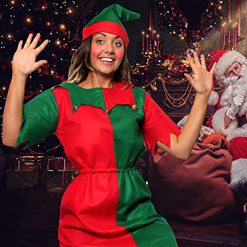 MENS & WOMENS CHEEKY ELF FANCY DRESS COSTUME. CHRISTMAS ELF COSTUME FOR MEN & WOMEN IN RED & GREEN WITH JINGLE BELLS - Image 4