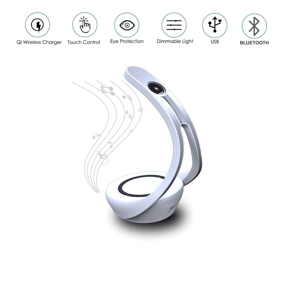 Lampada da scrivania a LED con interruttore touch, caricatore wireless, luce atmosferica, altoparlante Bluetooth integrato, luminosità regolabile, lampada da tavolo per camera da letto, ufficio.