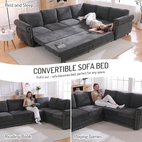 Image of KEIKI 118 inch L-Shaped Sofa Couch with Pull Out Sofa Bed, Convertible Sleeper Sectional with Rolled Arm and Nailhead Trim, Chenille Upholstered 6 Seater Couch, Dark Gray