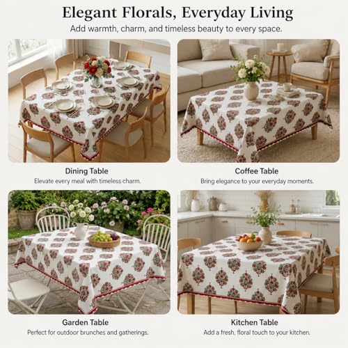 Image of BSB HOME 300 TC Table Cover for 6 Seater Dining Table, Premium Soft Washable Wrinkle & Fade Resistant Table Cloth for Home Kitchen Dining Room Decor, 90 x 60 Inches (228 x 152 cm) - Floral White