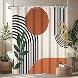 Duschvorhang 180x180cm, Uiiooazy Duschvorhang Anti Schimmel Terracotta Boho Style Grün Blätter Abstrakt Orange Duschvorhäng Stoff Waschbar Wasserdicht Polyester Bad Vorhang mit 12 Haken für Badezimmer