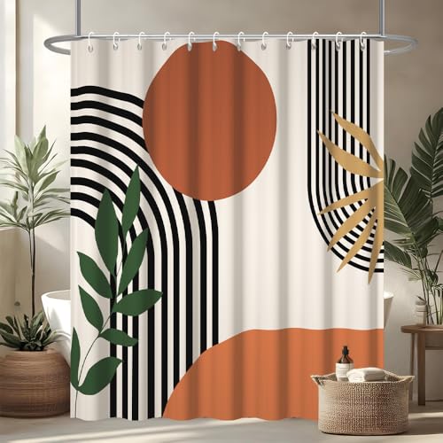 Duschvorhang 180x180cm, Uiiooazy Duschvorhang Anti Schimmel Terracotta Boho Style Grün Blätter Abstrakt Orange Duschvorhäng Stoff Waschbar Wasserdicht Polyester Bad Vorhang mit 12 Haken für Badezimmer