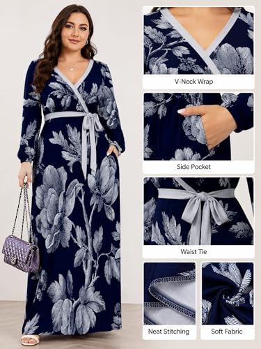 Image of PinkPatty Women's Long Sleeve Maxi Dress Plus Size Casual V Neck Wrap Dress with Pockets&Belt