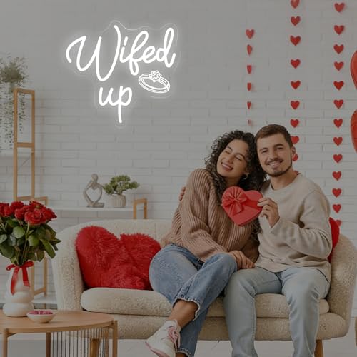 Image of Wifed Up Neon Sign, Funny Romantic LED Light with Engraving Ring for Valentine's Day, Wedding Decor Sign, Bedroom, Party Decor, Couple Space 11.8″ x 10.6″