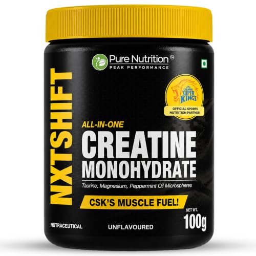 Image of Pure Nutrition Creatine Monohydrate Powder - 100g (Unflavoured) | All-In-One Muscle Fuel with Taurine & Magnesium | 25 Servings | Advanced Strength, Power & Recovery Formula for Men & Women