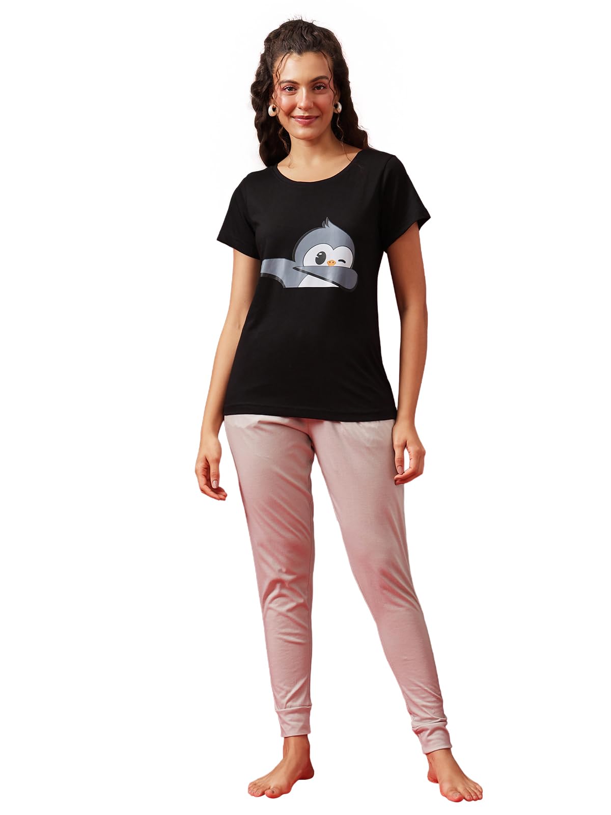 clovia Women's Cotton Printed Top & Basic Pyjama Set - Black-picture-23