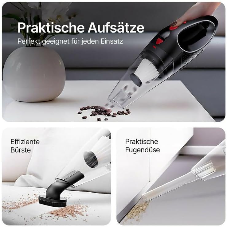 Deedlite Oryzom handheld vacuum cleaner with brush attachment cleaning coffee beans from a surface.