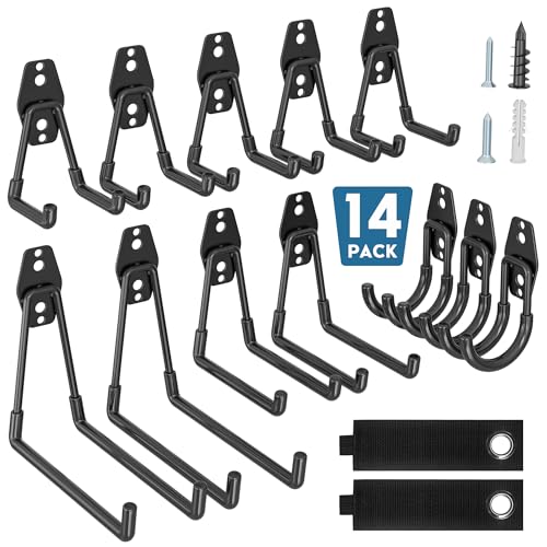 BONTEC 14 schwarze Wandhaken aus Stahl, Garagenhaken Set mit Anti-Rutsch-Beschichtung, U- und J-Haken in mehreren Größen, Fahrradhalterung Wand, Schlauchhalter, Werkzeughalter, Leiterhaken Garage