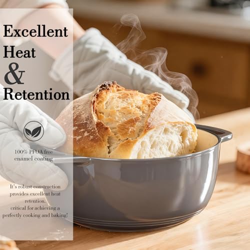 Image of Enameled Cast Iron Dutch Oven - Umite Chef 6QT Pot with Lid & Cotton Potholders - Dual Handles -Versatile Heavy Duty Cookware for Bread Baking, Braising, Stews, Roasting(Grey)