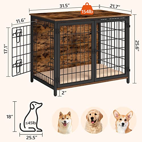 Mahancris Dog Crate Furniture With Cushion, Wooden Dog Crate Table, Furniture Style Dog Crate, Indoor Pet Crate With Double Doors, Dog Kennel For Small And Medium Dogs, Rustic Brown Dchr0701Z1 #TOP3