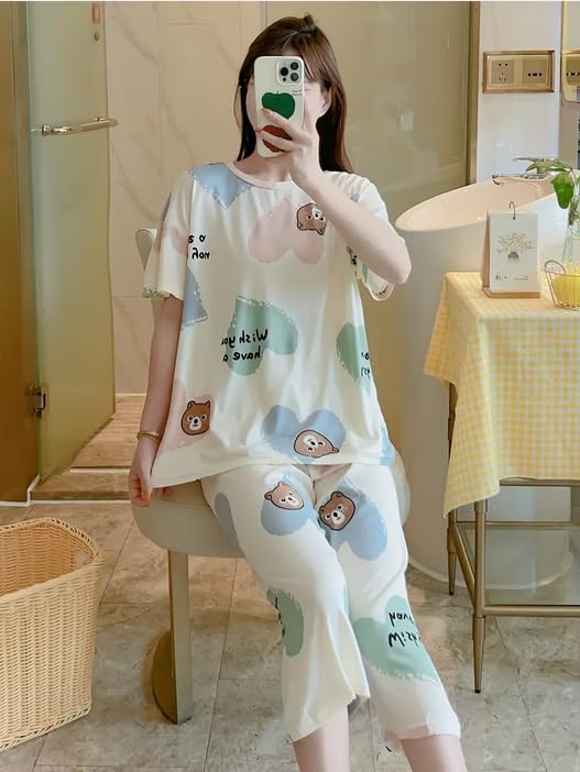 Image of Lunza Women's Cotton Pajama Set with Top & Pants|| Korean Night Suit|| Lightweight Printed Set || Soft & Comfy Sleepwear for Girls & Women