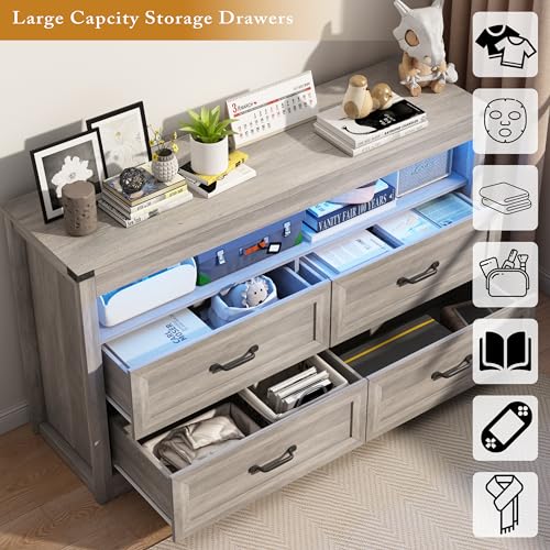 Image of Wodeer Grey Dresser for Bedroom, Wooden 4 Drawer Dresser with LED Light, Dressers & Chests of Drawers with Metal Handles, Storage and Organization for Bedroom, Hallway, Entryway, Gray