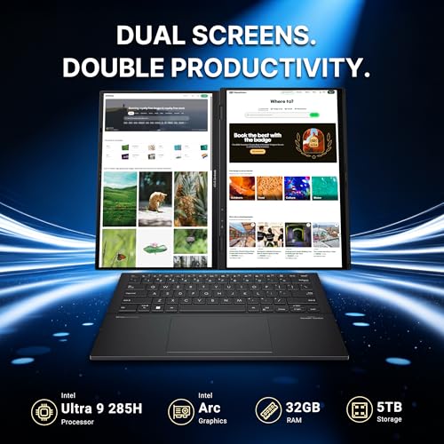 Image of ASUS Zenbook Duo AI Powered 2-in-1 Laptop, Dual 14 inch WUXGA OLED Touch Display, Intel Core Ultra 9 285H, 32GB LPDDR5X, 5TB Storage (4TB SSD+1TB Docking Station), Backlit Keyboard, Wi-Fi 7, Win11, Gray