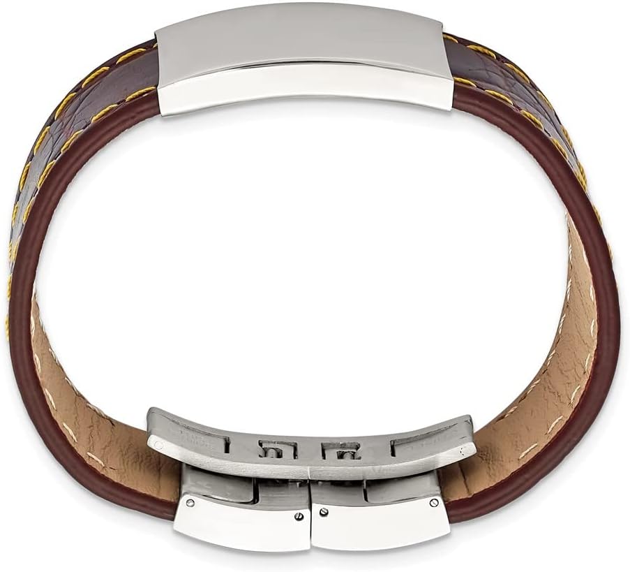 Real Stainless Steel Men's Brown Leather/Yellow Stitch ID Bracelet Engravable Identification Name Bar Tag 8.5"