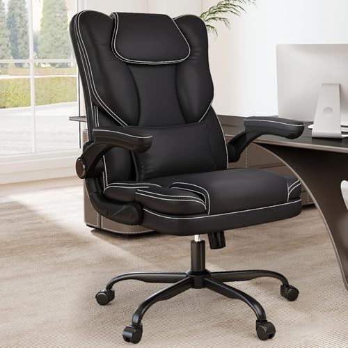 Ergonomic Office Chair with Flip-up Armrests,300lbs Mid Back Computer Office Desk Chair with Lumbar Support, Executive Leather Chair with Rocking Function Adjustable Height for Hom image 8