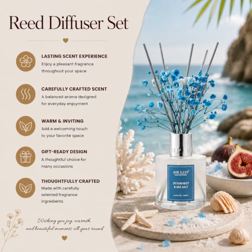 Image of Airkeep Reed Diffuser Set,3.38 fl oz (100 ml) - Ocean Mist&Sea Salt Oil Diffusers with 8 Reed Sticks,Home Fragrance Reed Diffuser for Bathroom Shelf Decor