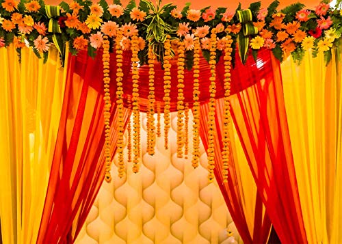 Image of EOA 7(W) x5(H) FT Orange Marigold India Wedding Photography Backdrop Marriage Red Curtain Background Ceremony Wall Decor Photo Booth Studio Props