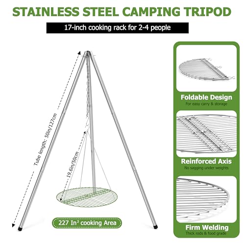 Image of HaSteeL Campfire Tripod for Cooking, Stainless Steel Camping Tripod Grill for Outdoors Beach Backyard Firepit BBQ, Openfirer Stand Hanger with 17 inch Folding Rack & 6 Barbecue Tools, Adjustable Height