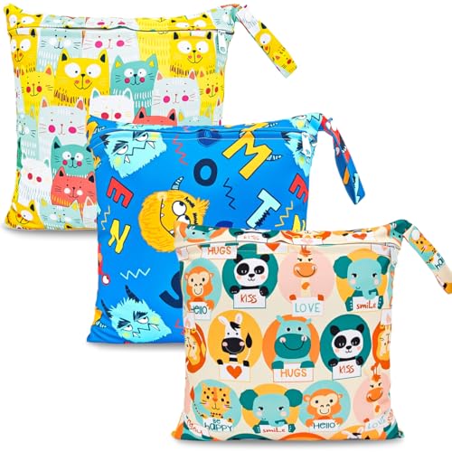 HOTLIKE Wetbag, Nassbeutel, 3 Stück Windeltasche Wickeltasche, Nasstaschen Wiederverwendbare Organiser Beutel Waschbar mit Reißverschluss für Baby Kleinkind Reisen Gym (Gelb)