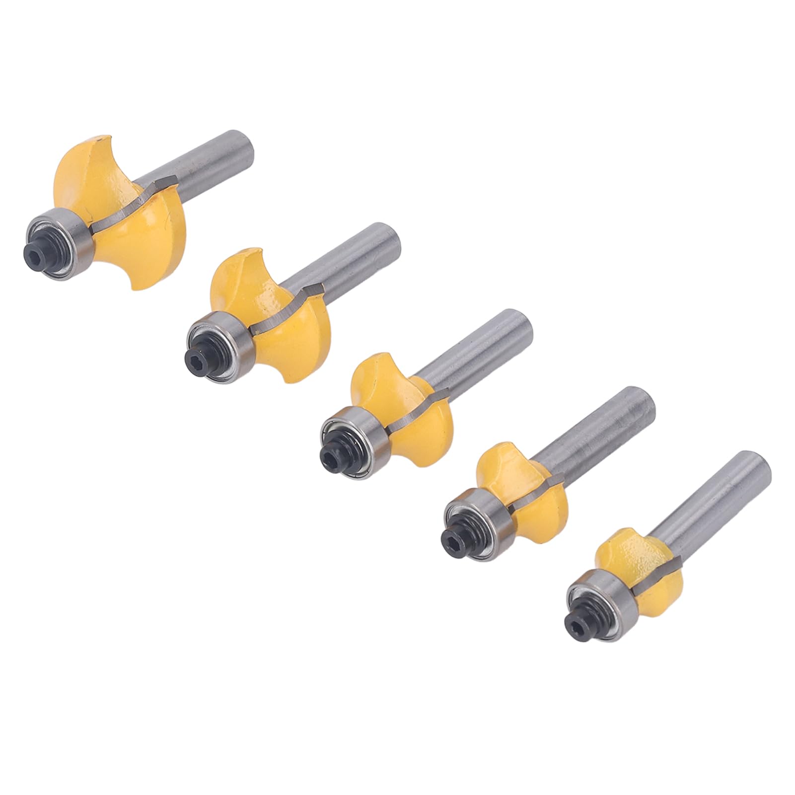 Yakamoz 5-Piece Round Over Router Bit Set – Tungsten Carbide Corner Beading Bits With 1/8, 3/16, 1/4, 5/16 & 3/8 Inch Radius, 8mm Shank