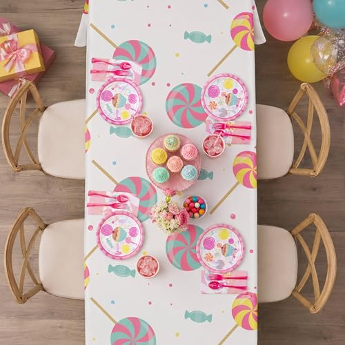 Image of Blue Orchards Candy Table Covers (Pack of 3) - 54 inchx108 inch XL - Table Cloth, Party Supplies, Decorations, Lollipop Birthday Party, Halloween Candyland Theme Disposable Plastic Tablecloth Pack