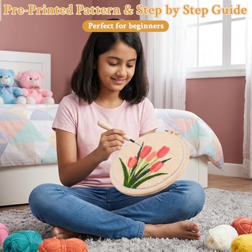 Image of PATPAT 20x20CM DIY Tufting Art Craft Kits Cute Pink Flower Punch Needle Kit Embroidery Kit for Beginners DIY Hoop Embroidery Kit with Punch Needles, Hoop, Handmade Art Kits Gift for Kids Adults