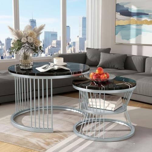 Image of The Round Coffee Table and The Stacking Tea Table with a Gold Metal Frame are Two Versatile Modern Center Tables That Look Great in Living Rooms (Grey Black)