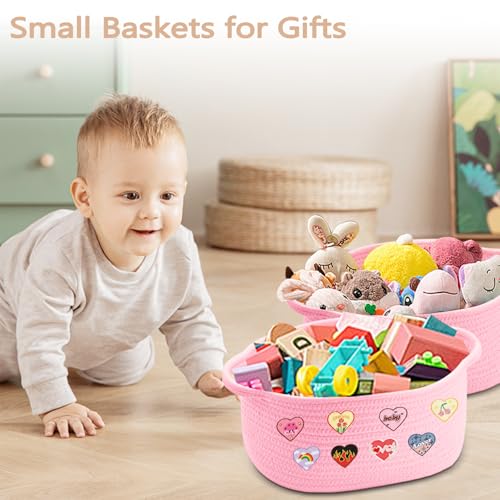 Image of CMXZSAM Small Woven Basket with Gift Bags, Ribbons and Self-Adhesive Cloth, 12 inchX 8 inch X 5 inch Pink Baskets for Gifts Empty, Rope Empty Baby Gift Basket for Baby Shower Birthday Easter Presents