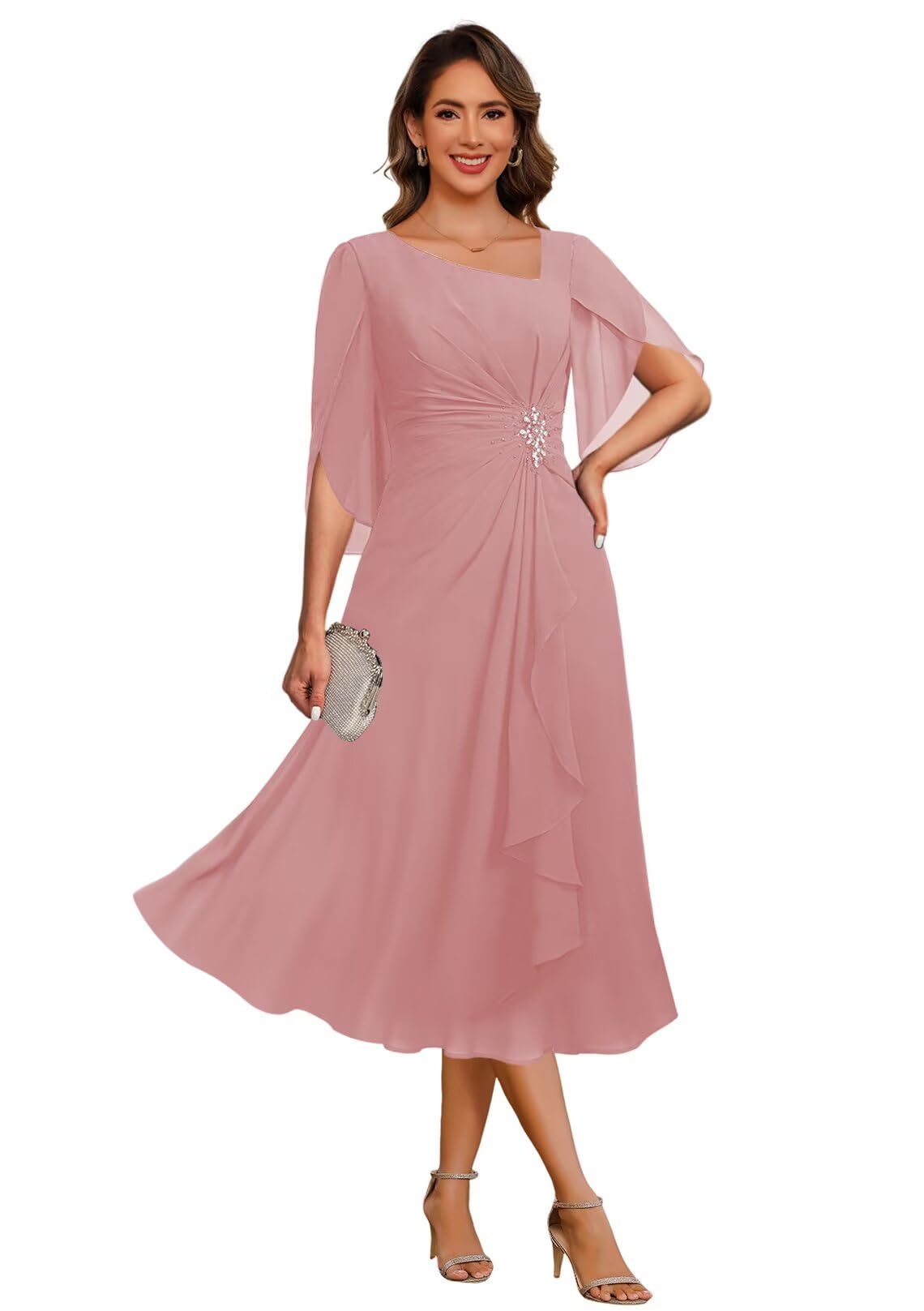 PUXIU Asymmetrical Neck Mother of The Bride Dresses 2026 for Wedding Chiffon Short Flutter Sleeve Formal Evening Gown PUS068