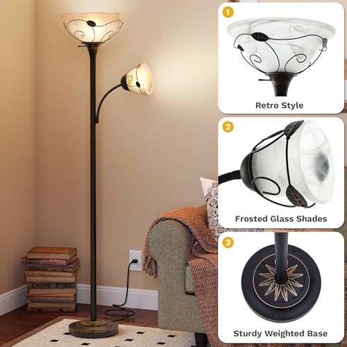 DWVO Torchiere Floor Lamp with Sidelight for Reading Home Decor, 71" Floor Lamp with Glass Shade for Bedroom, Living Room Office (Bulbs not Included)