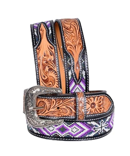 Western Tooled Leather Beaded Belt For Men and Women 30IS110